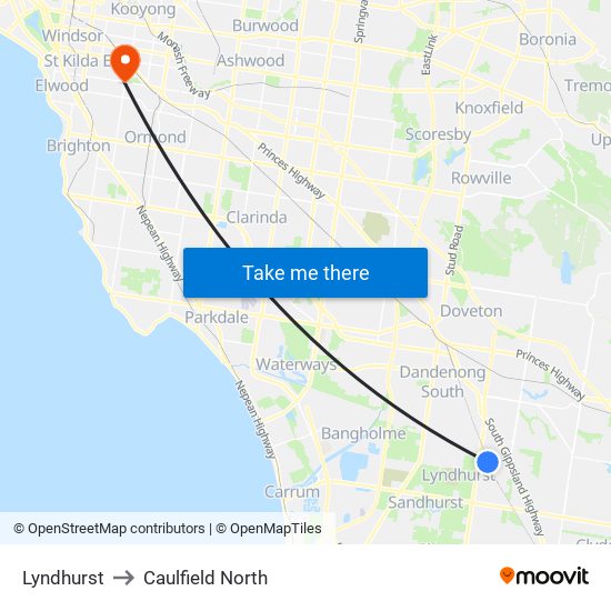 Lyndhurst to Caulfield North map