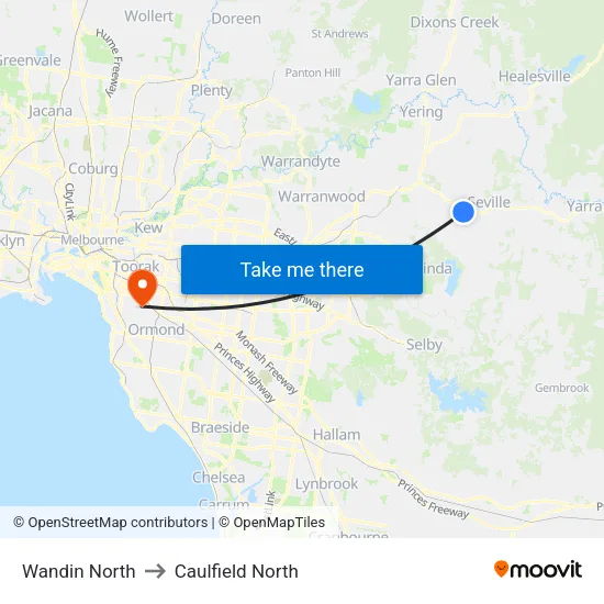 Wandin North to Caulfield North map
