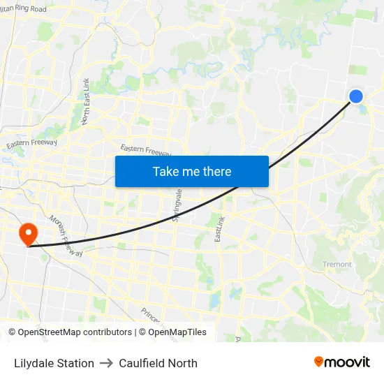 Lilydale Station to Caulfield North map
