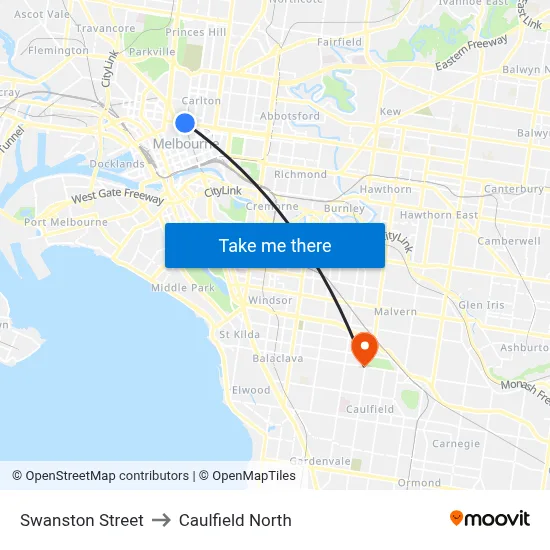 Swanston Street to Caulfield North map