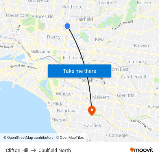 Clifton Hill to Caulfield North map