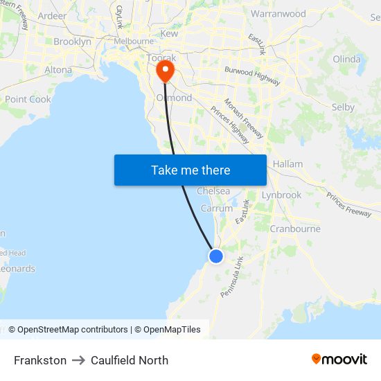 Frankston to Caulfield North map