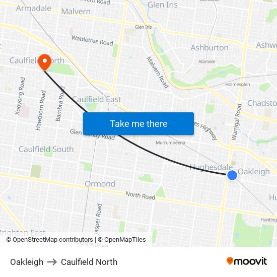 Oakleigh to Caulfield North map