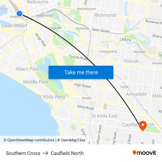 Southern Cross to Caulfield North map