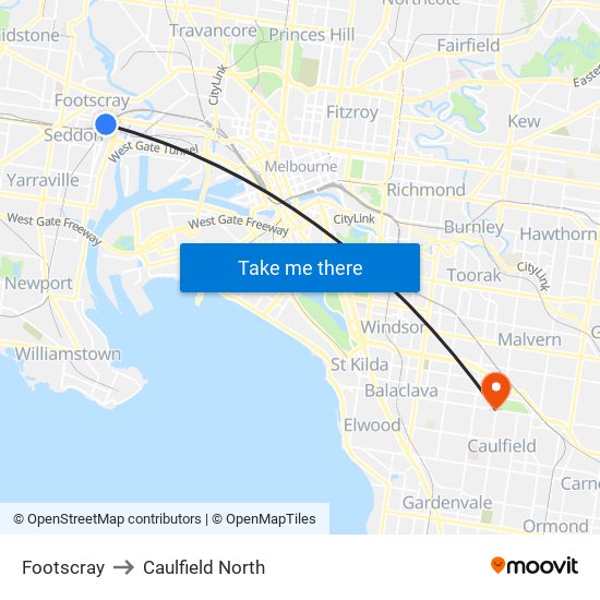 Footscray to Caulfield North map
