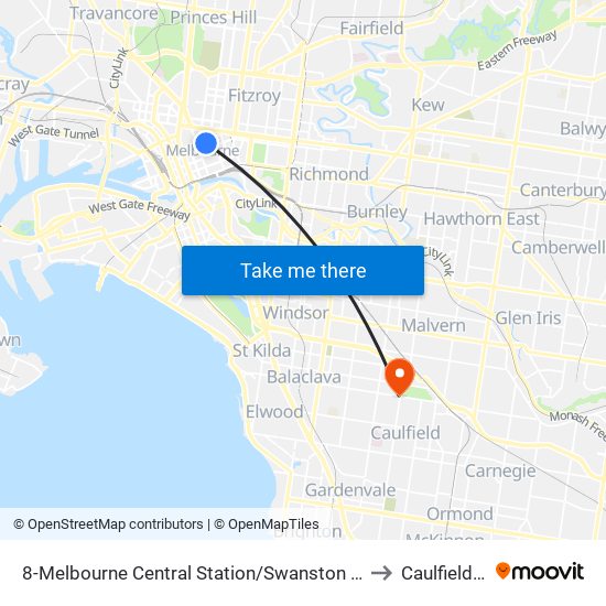 8-Melbourne Central Station/Swanston St (Melbourne City) to Caulfield North map