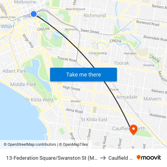 13-Federation Square/Swanston St (Melbourne City) to Caulfield North map