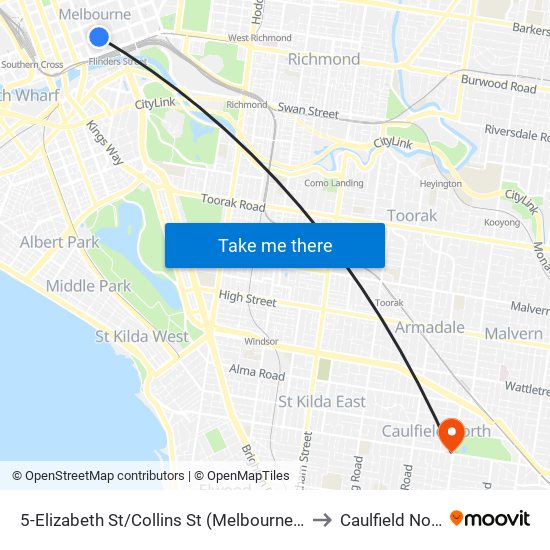 5-Elizabeth St/Collins St (Melbourne City) to Caulfield North map