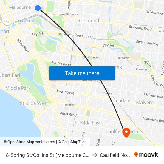 8-Spring St/Collins St (Melbourne City) to Caulfield North map