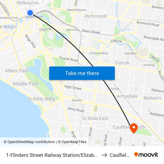 1-Flinders Street Railway Station/Elizabeth St (Melbourne City) to Caulfield North map