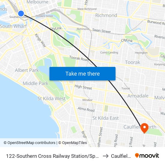 122-Southern Cross Railway Station/Spencer St (Melbourne City) to Caulfield North map