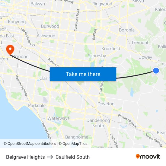 Belgrave Heights to Caulfield South map