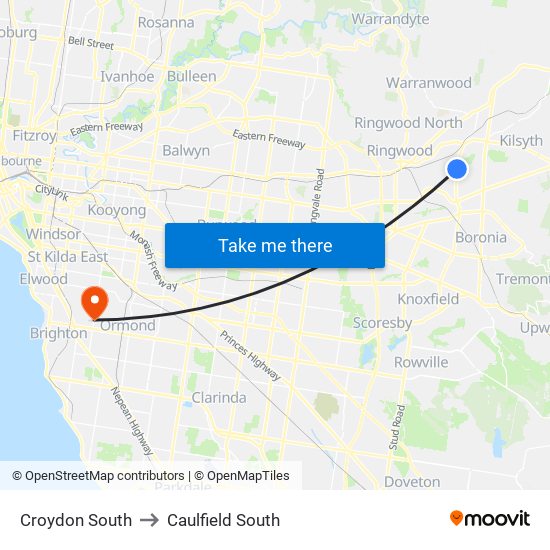 Croydon South to Caulfield South map