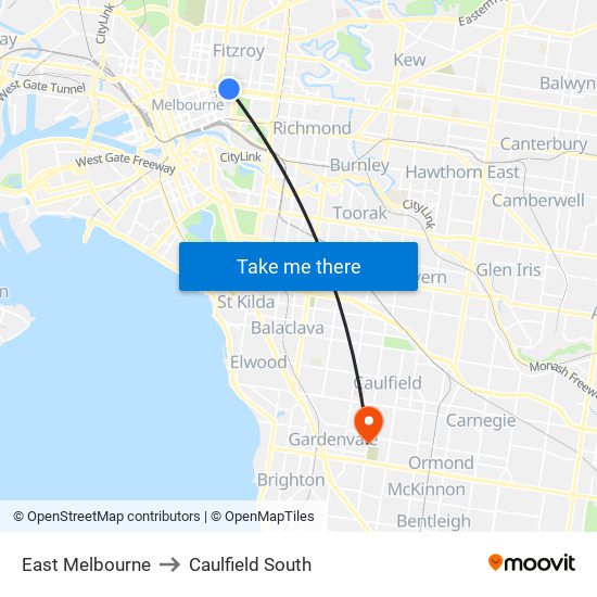 East Melbourne to Caulfield South map