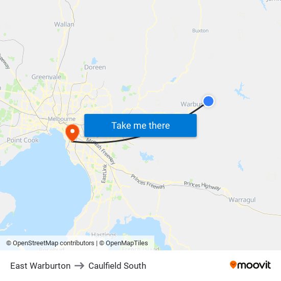 East Warburton to Caulfield South map