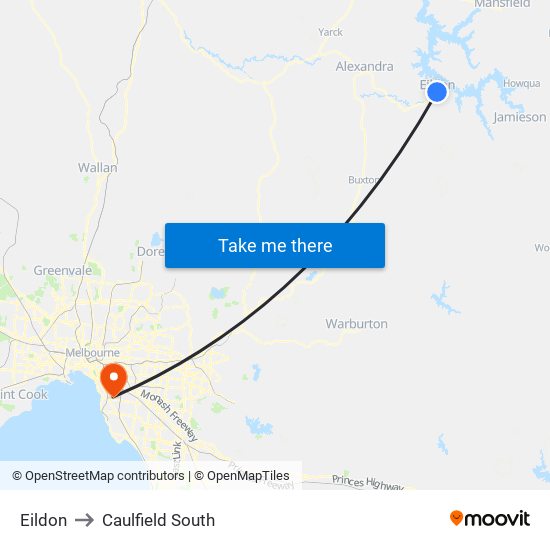 Eildon to Caulfield South map