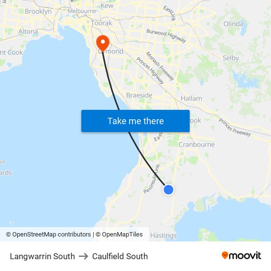 Langwarrin South to Caulfield South map