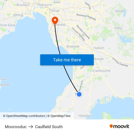 Moorooduc to Caulfield South map