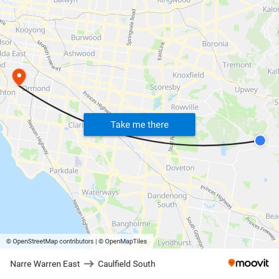 Narre Warren East to Caulfield South map