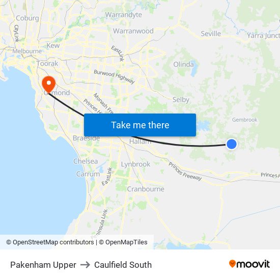 Pakenham Upper to Caulfield South map