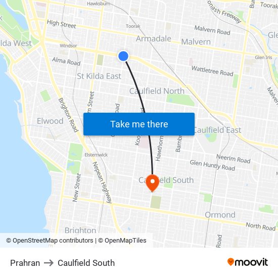 Prahran to Caulfield South map