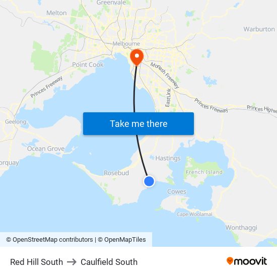 Red Hill South to Caulfield South map