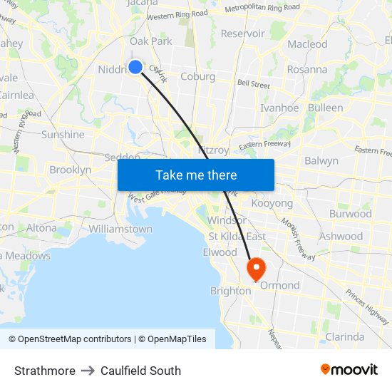 Strathmore to Caulfield South map