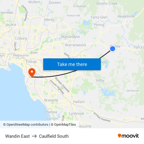 Wandin East to Caulfield South map