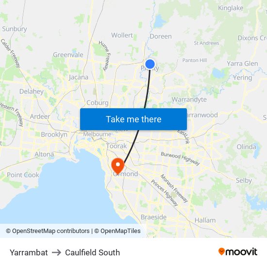 Yarrambat to Caulfield South map