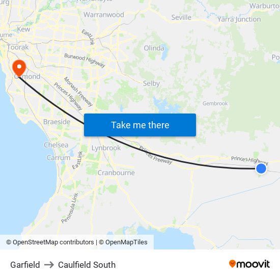 Garfield to Caulfield South map