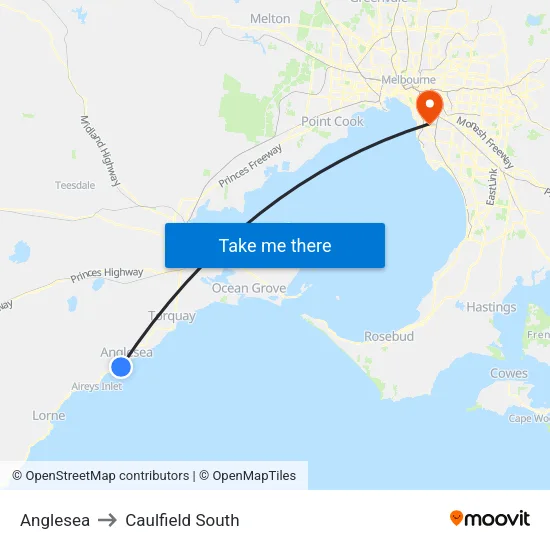 Anglesea to Caulfield South map