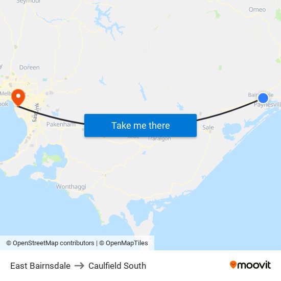 East Bairnsdale to Caulfield South map