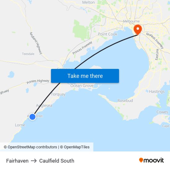 Fairhaven to Caulfield South map