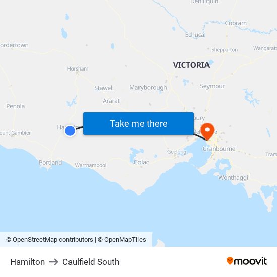 Hamilton to Caulfield South map