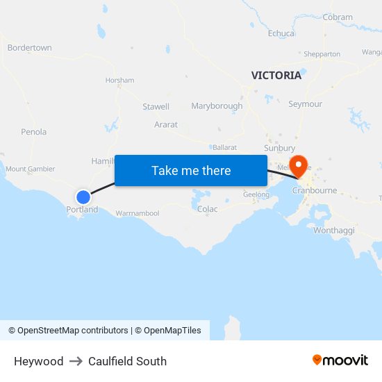 Heywood to Caulfield South map