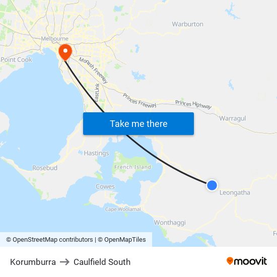 Korumburra to Caulfield South map