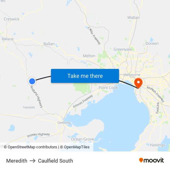 Meredith to Caulfield South map