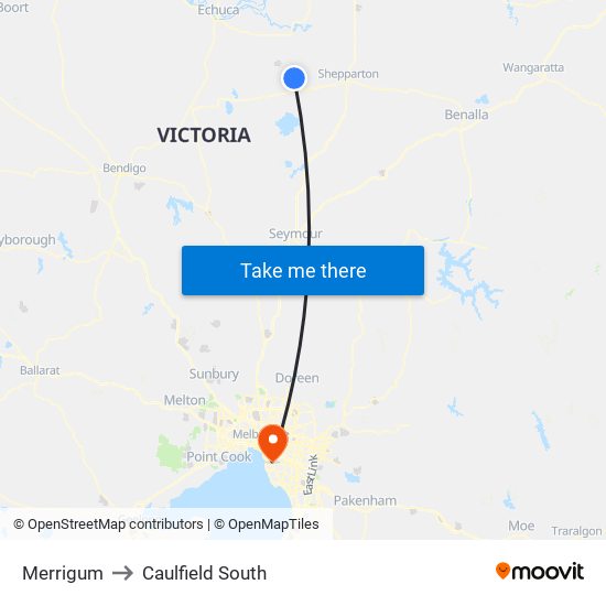 Merrigum to Caulfield South map