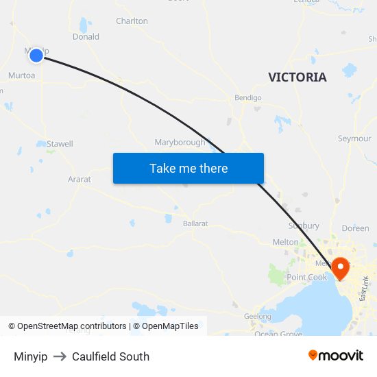 Minyip to Caulfield South map