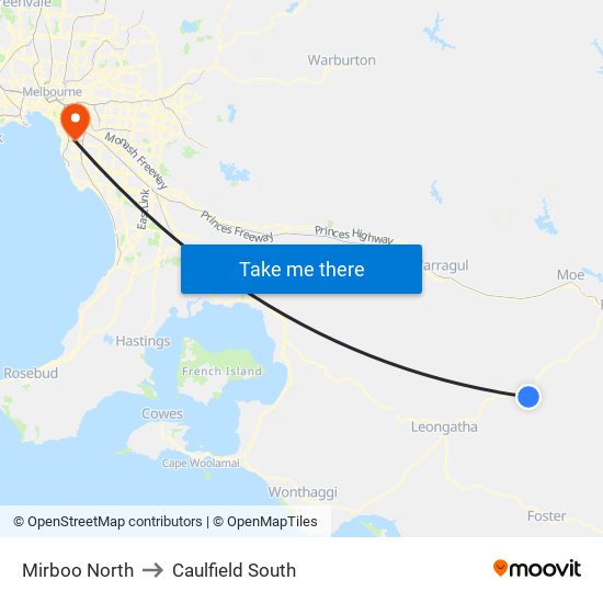 Mirboo North to Caulfield South map