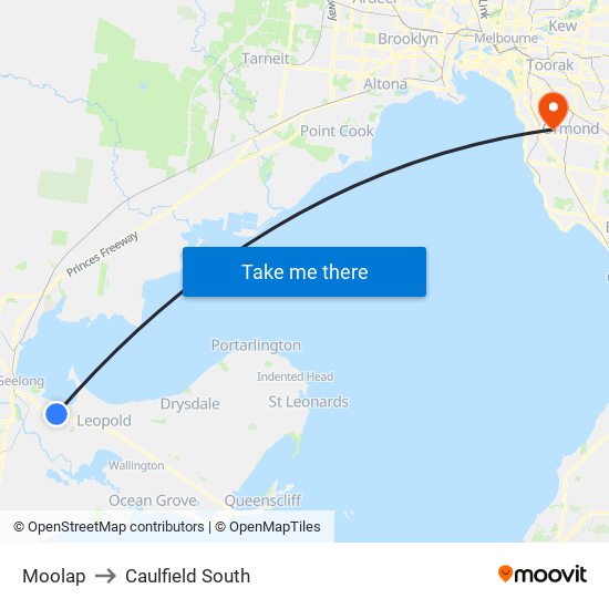 Moolap to Caulfield South map