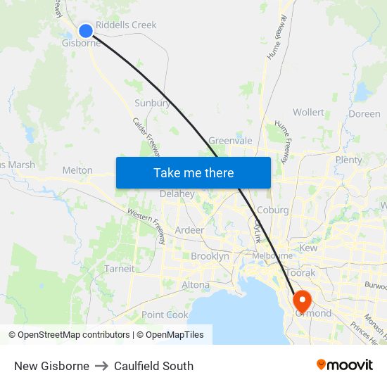 New Gisborne to Caulfield South map