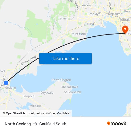 North Geelong to Caulfield South map