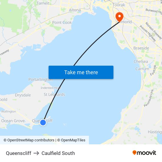 Queenscliff to Caulfield South map