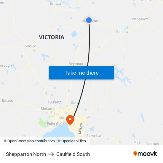 Shepparton North to Caulfield South map