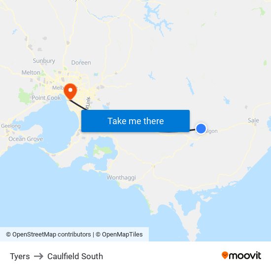 Tyers to Caulfield South map
