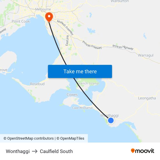 Wonthaggi to Caulfield South map
