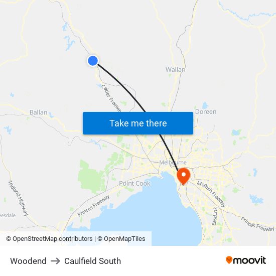 Woodend to Caulfield South map