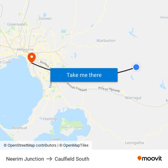 Neerim Junction to Caulfield South map