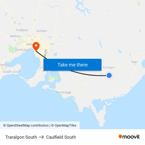 Traralgon South to Caulfield South map